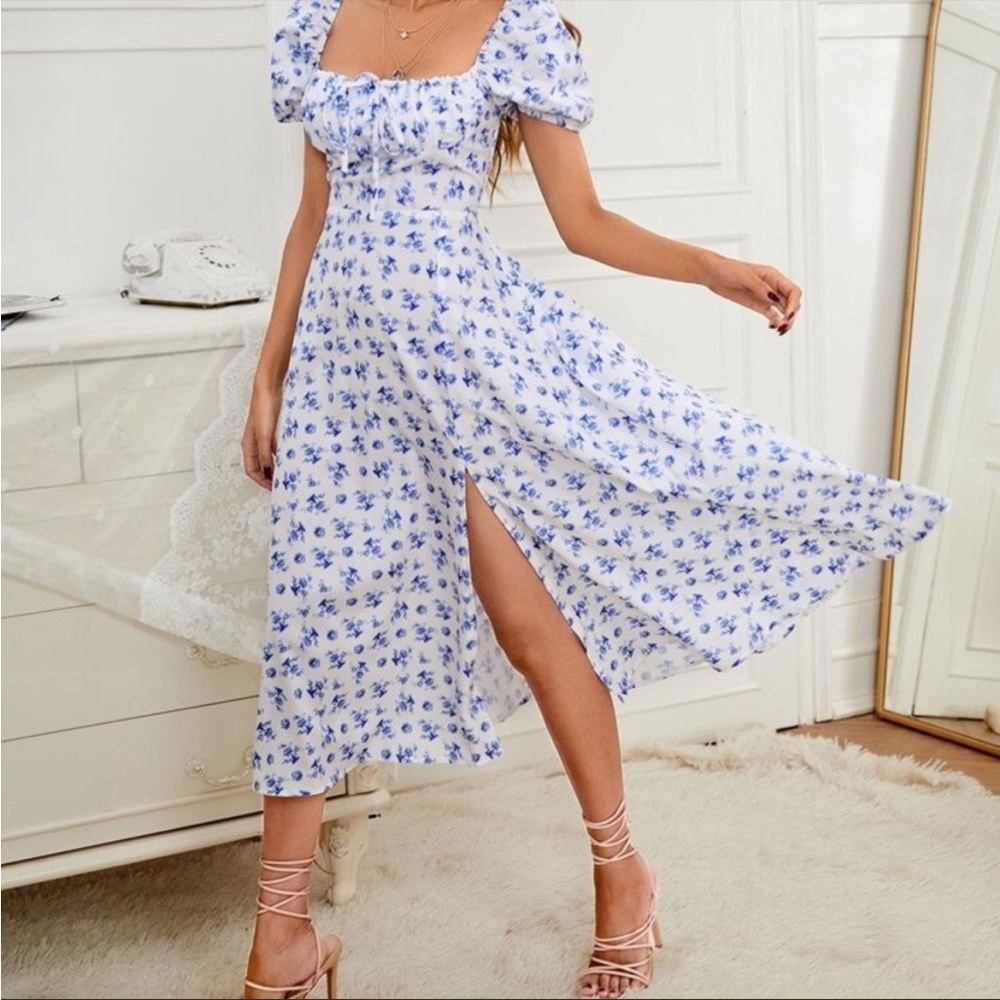 White and blue floral midi length puff sleeve dress